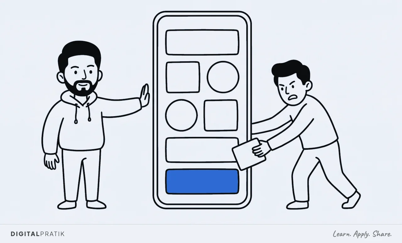 A line drawing of a tall phone-shaped frame holding five simple stacked shapes, the last a single wide yellow button. A man in a hoodie holds up a flat hand, blocking someone trying to reach in and add a sixth shape.