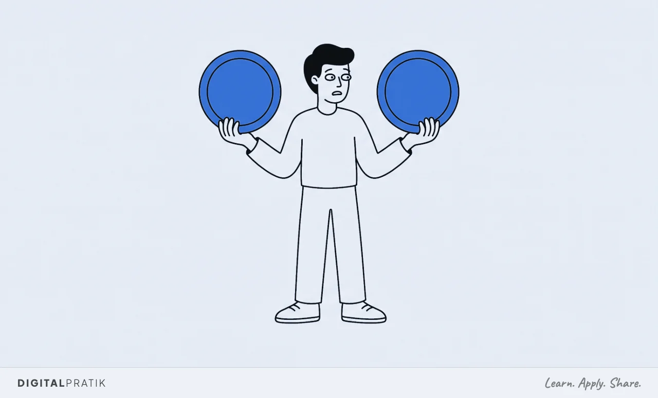 A line drawing of one person standing frozen, holding an identical large yellow button in each hand, looking from one to the other, unable to choose. Their feet have not moved.