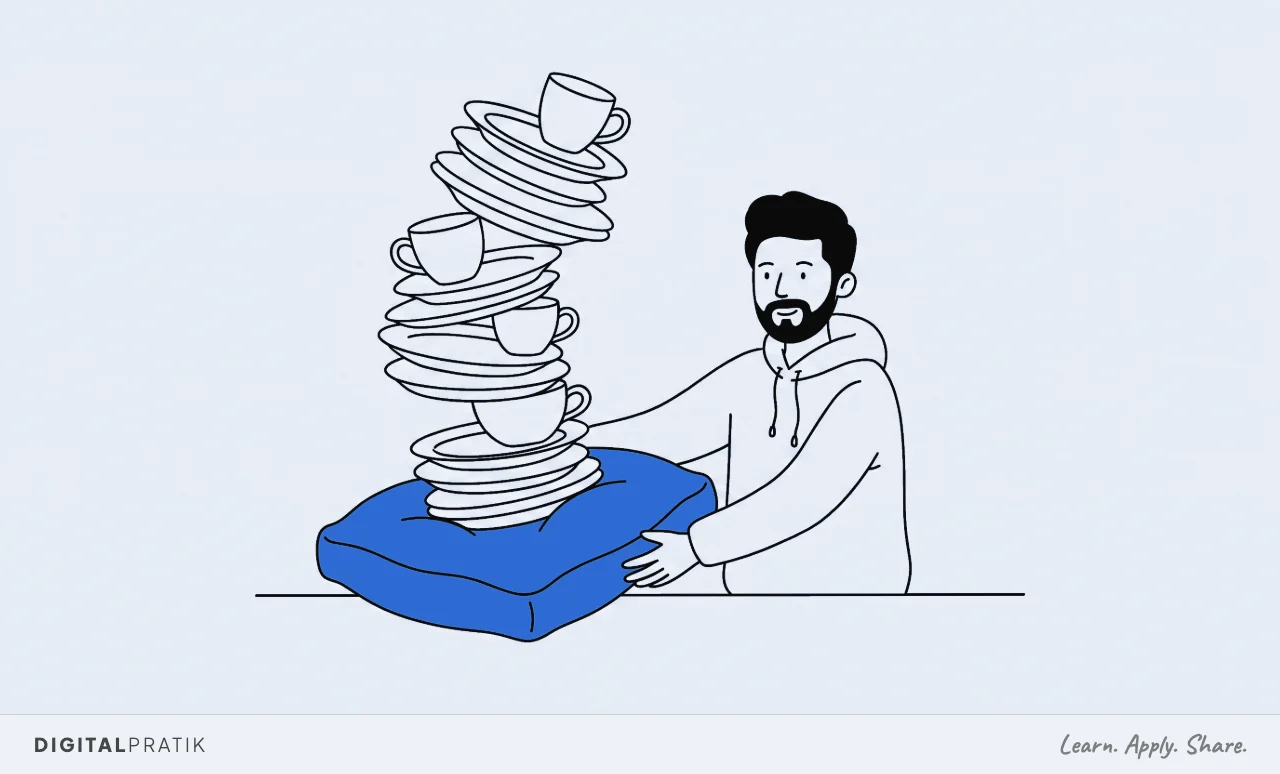 A line drawing of a tall stack of plates and cups leaning alarmingly to one side, with a man in a hoodie calmly sliding a thick yellow cushion into place underneath it rather than trying to straighten it.