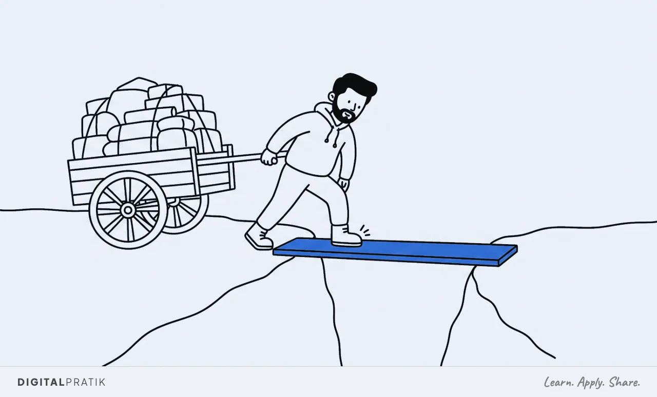 A line drawing of a narrow yellow plank bridging a gap between two banks. A man in a hoodie presses one boot on it to test that it holds, while a heavily loaded cart waits behind him on the bank, not yet brought onto the plank.
