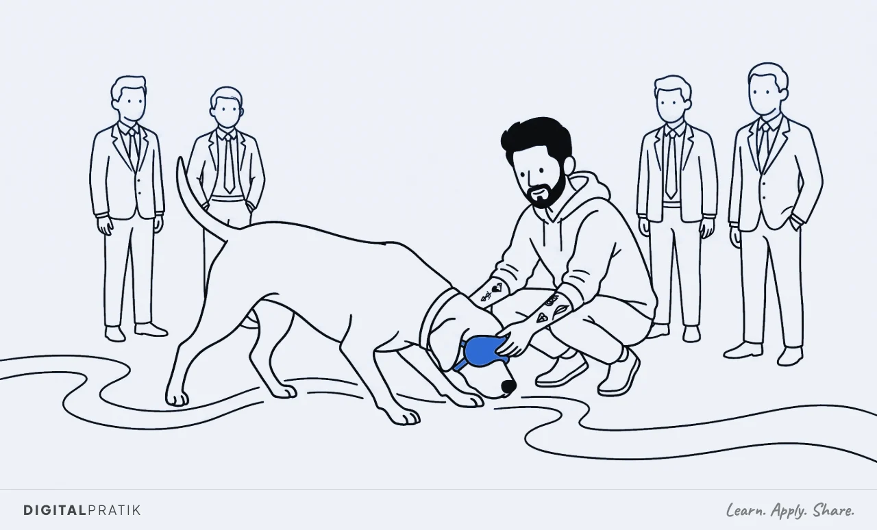 A line drawing of a capable tracking dog straining forward on a scent while a man kneels beside it strapping a pair of yellow blinkers over its eyes. Four people it was about to find stand unnoticed all around them.