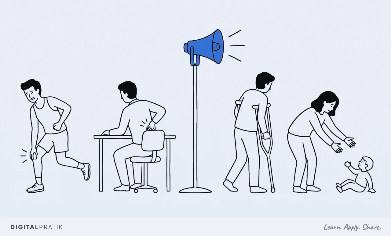 A line drawing of one yellow loudspeaker on a pole broadcasting into the middle of a room, surrounded by four completely different people who have all turned away: a runner holding their knee, an office worker holding their back, a person on crutches, and a parent unable to lift a child.