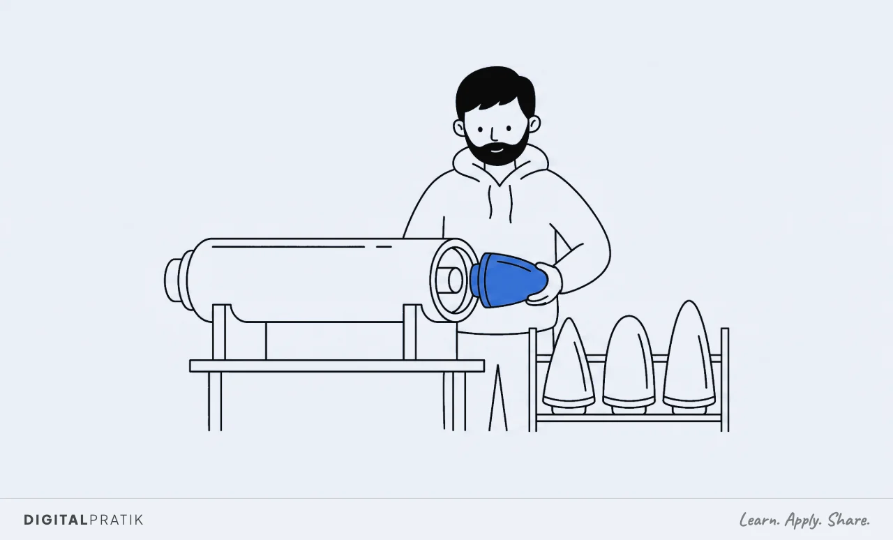 A line drawing of one long unchanging machine body on a stand, with a rack of five different interchangeable nose cones beside it and a man clicking a yellow one onto the front.