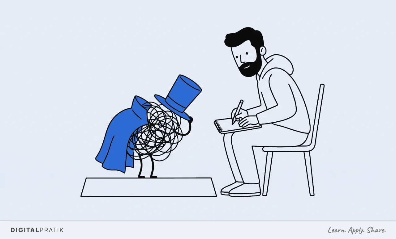 A line drawing of a chaotic scribble with two little legs, wearing an oversized yellow cloak and top hat, taking a deep bow on a small stage, while a man in the front seat leans forward taking notes in earnest.