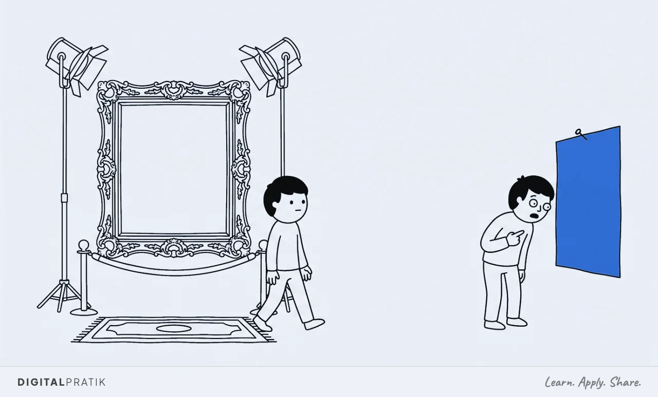 A line drawing of a huge gilded frame on a velvet rope stand with two studio lamps around it that nobody is looking at, next to a plain yellow sheet pinned crookedly to a bare wall that has stopped somebody dead, pointing at themselves.
