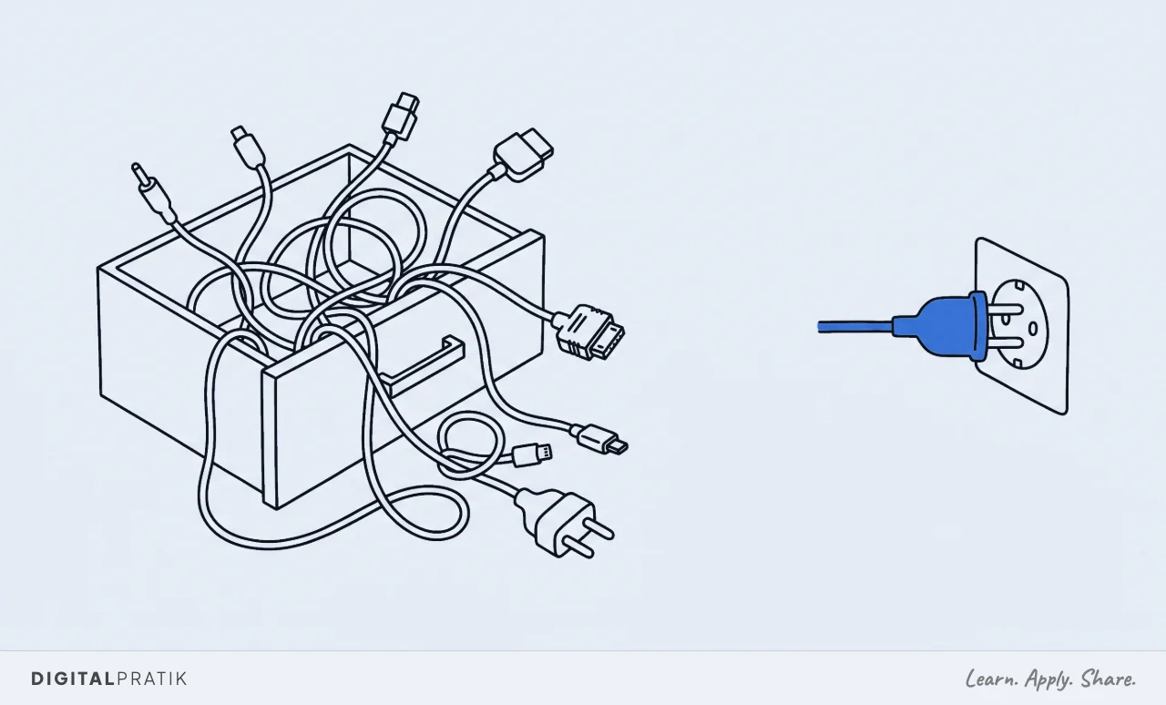 A line drawing of an open drawer overflowing with a tangle of six completely different mismatched cables and plugs, next to one single yellow plug sliding neatly into one matching socket.
