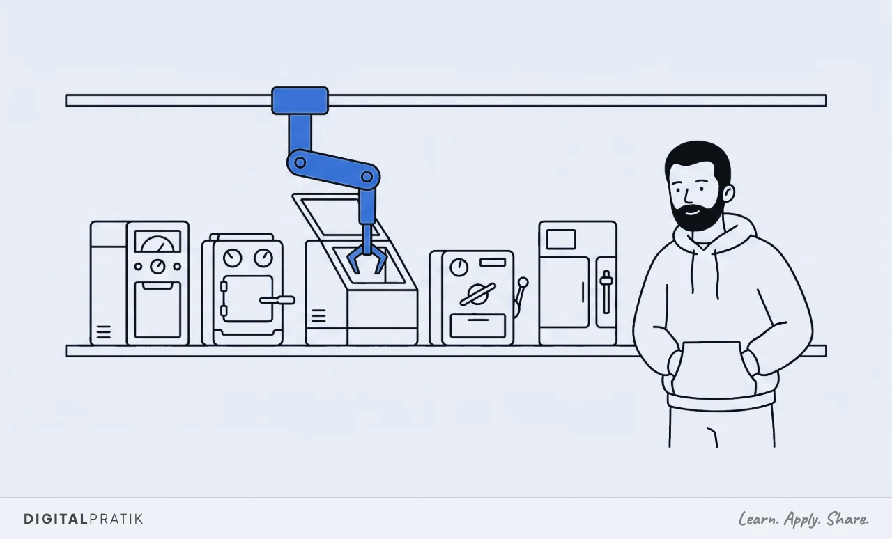 A line drawing of a shelf holding five machines a business already owns, with one yellow mechanical arm on a rail reaching in through an open hatch to work one of them, and a man watching with his hands in his pockets.