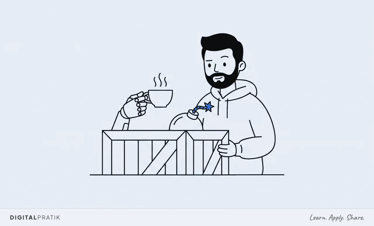 A line drawing of one open delivery crate with two things rising out of it side by side: a friendly mechanical hand offering a cup of tea, and a bundle with a short yellow fuse burning down, while a man looks on with a raised eyebrow.