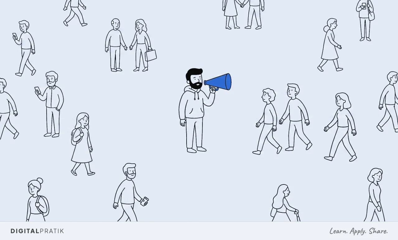 A line drawing of a wide open field with people scattered across it. A man in a hoodie stands in the middle speaking through a narrow yellow cone aimed carefully in one direction, and only the people in that direction have turned and are walking over.