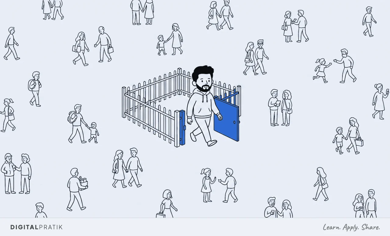 A line drawing of a small cramped fenced pen standing in the middle of an enormous open field full of people. A man in a hoodie has pushed open its little yellow gate and is stepping out into the field, one foot already outside.