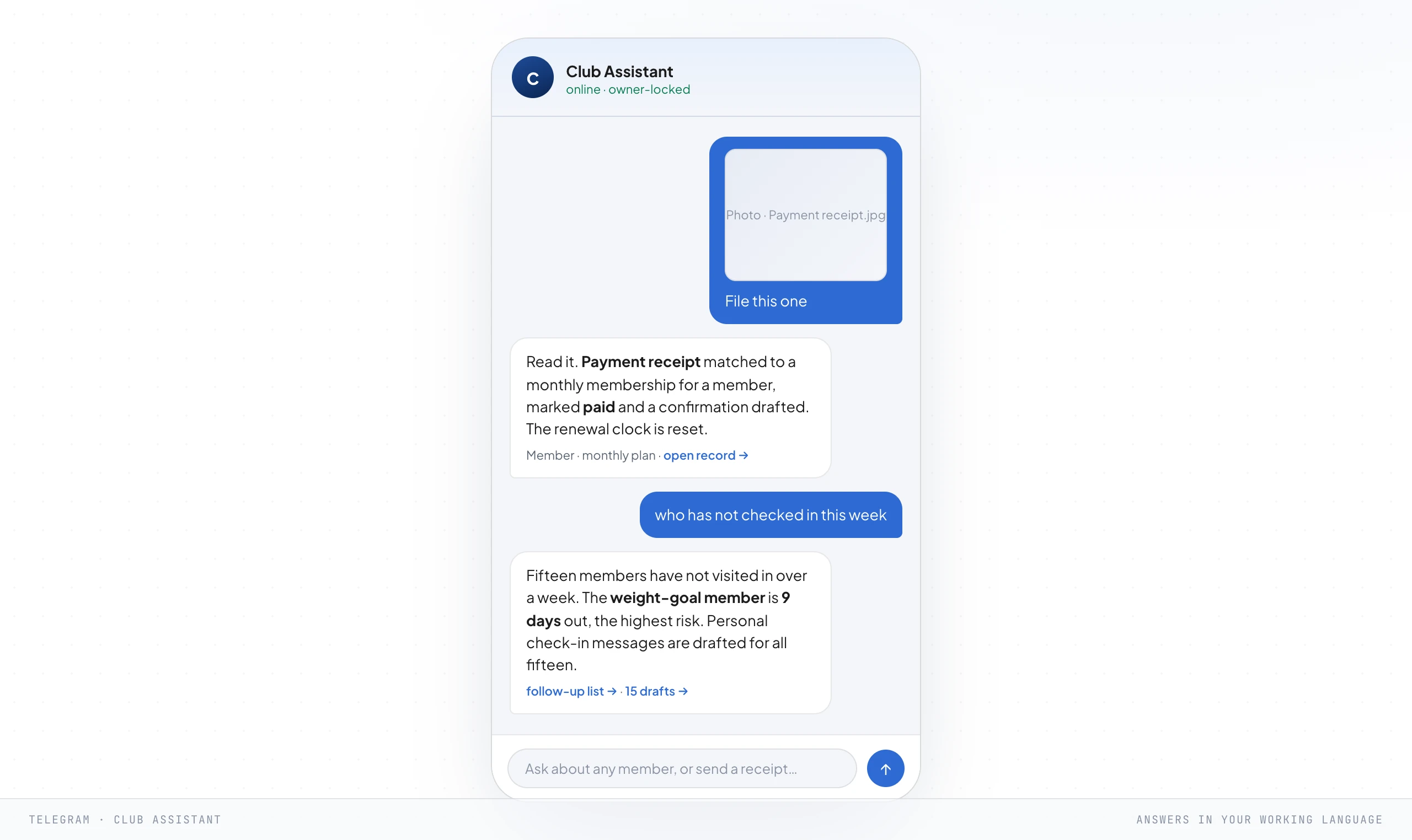 A chat with a club assistant. A photographed payment receipt is sent in and comes back read, matched to a member's monthly membership, marked paid with a confirmation drafted and the renewal clock reset. A follow-up question about who has not checked in this week is answered with fifteen members, the highest-risk one nine days out, and personal check-in drafts prepared for all fifteen.