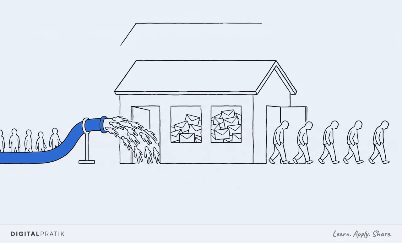 A line drawing of a shipping and clearing office whose windows are stuffed floor to ceiling with overflowing job files and bills of lading. A stream of importers pours in the front door while a line of clients trudges away from the back door dragging their containers, one file picked out in blue.