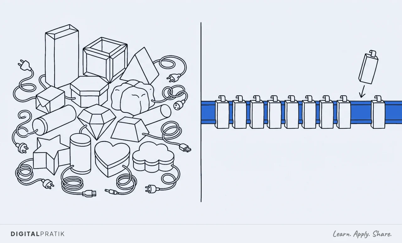 A line drawing split in two. On the left a heap of twelve mismatched boxes of different shapes, each trailing its own tangled cable and plug, none of them joined. On the right, neat modules clipped along one long blue rail, with another module descending to join them.