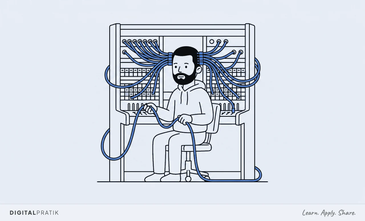 A line drawing of a man at an old telephone switchboard where every cable, drawn in blue, runs up and plugs straight into his own head instead of into any socket on the board.