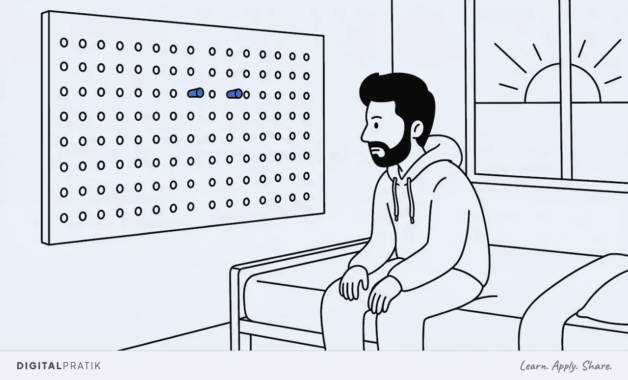 A line drawing of a man in a hoodie sitting on the edge of a bed at first light, shoulders down, staring at a large wall board of empty peg holes with only two blue pegs in it.