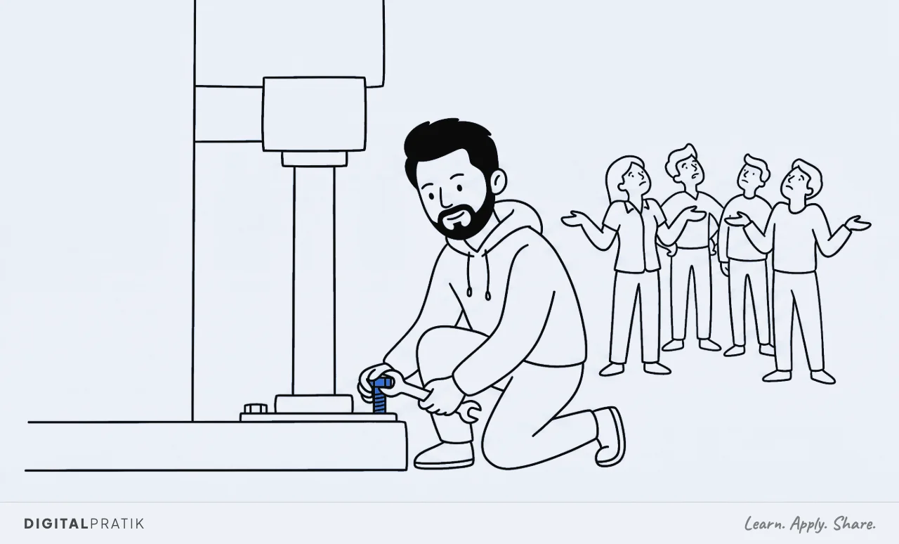 A line drawing of a man in a hoodie kneeling at the base of a large machine with a spanner, tightening one single yellow bolt. Behind him a group stands shrugging and gesturing at the sky, blaming the weather, none of them looking at the bolt.