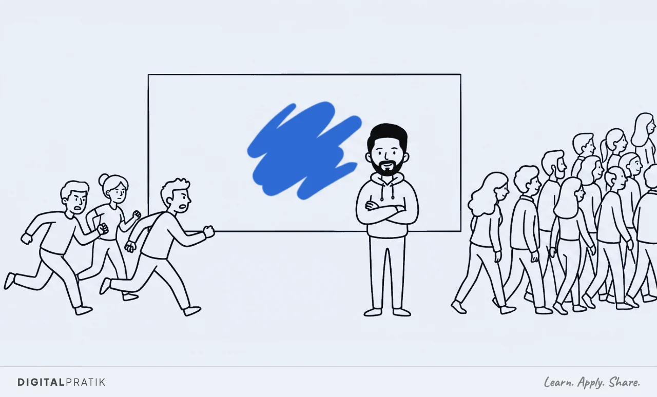 A line drawing of a man in a hoodie beside a wide board he has painted almost blank, leaving one bold yellow mark in the middle. A large crowd walks away off one edge while three people hurry towards the board from the other side.