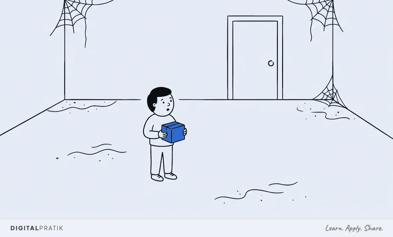 A line drawing of one person standing alone in the middle of a large empty room, holding a small yellow parcel, looking around for somebody to appear. Cobwebs hang in the corners and dust has settled on the floor.