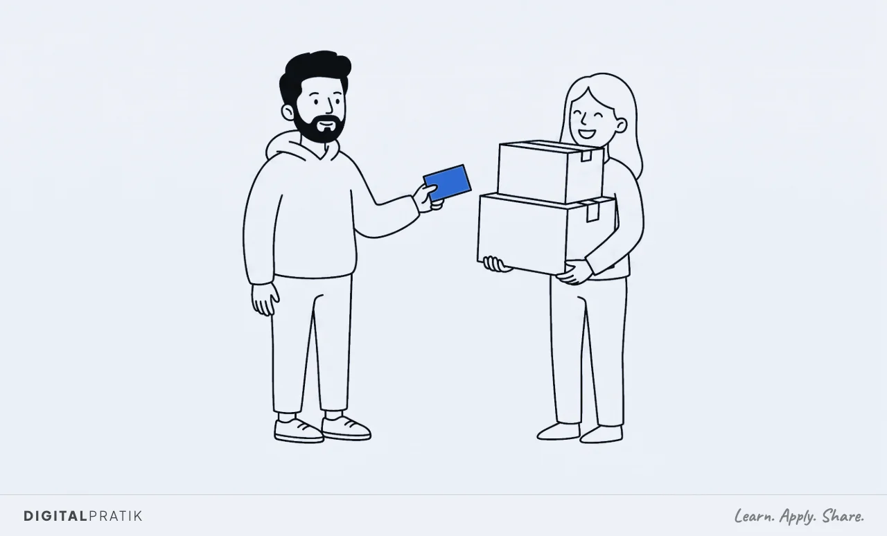 A line drawing of a man in a hoodie who has stacked three plain parcels into a visitor’s arms one after another. Only now does he hold out a single small yellow card, asking for something for the first time.
