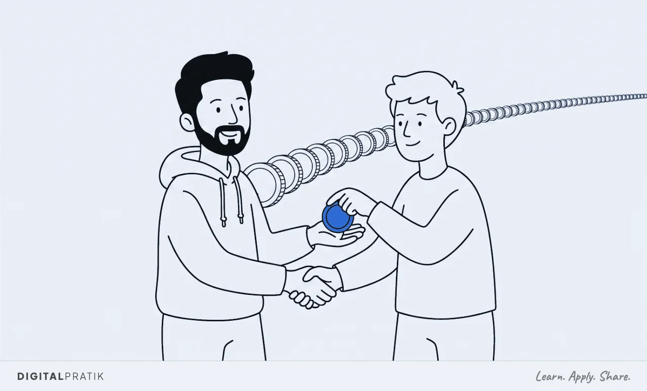 A line drawing of a man in a hoodie shaking hands to start work while receiving one yellow coin into his other open palm at the same moment. Behind them a long thin trail of much smaller plain coins stretches into the distance.