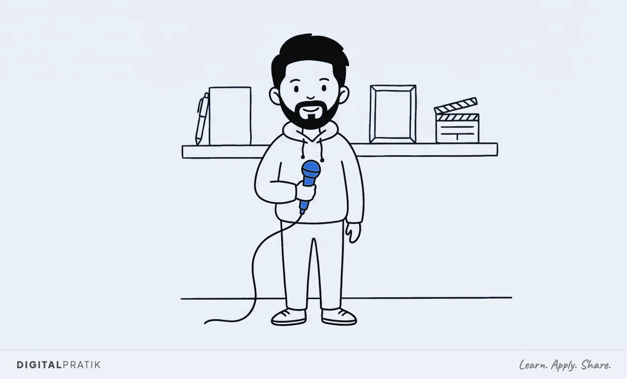 A line drawing of a man in a hoodie in front of a shelf holding exactly four objects: a pen, an empty picture frame, a microphone and a film clapperboard. He has lifted down the microphone, drawn in yellow, and left the other three.