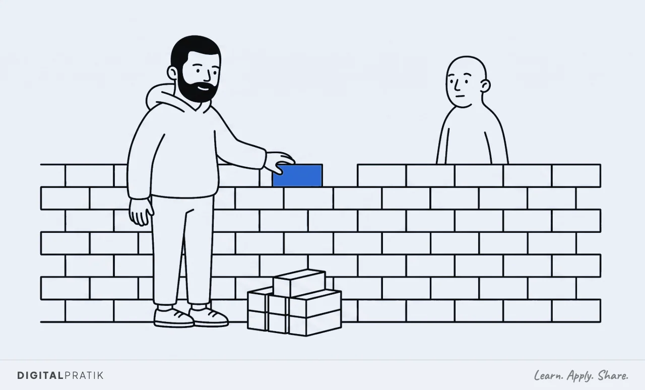 A line drawing of a man in a hoodie laying one blue brick on top of a low wall built from many identical plain bricks. The wall has just become tall enough that a passer-by on the other side has stopped to look at it.