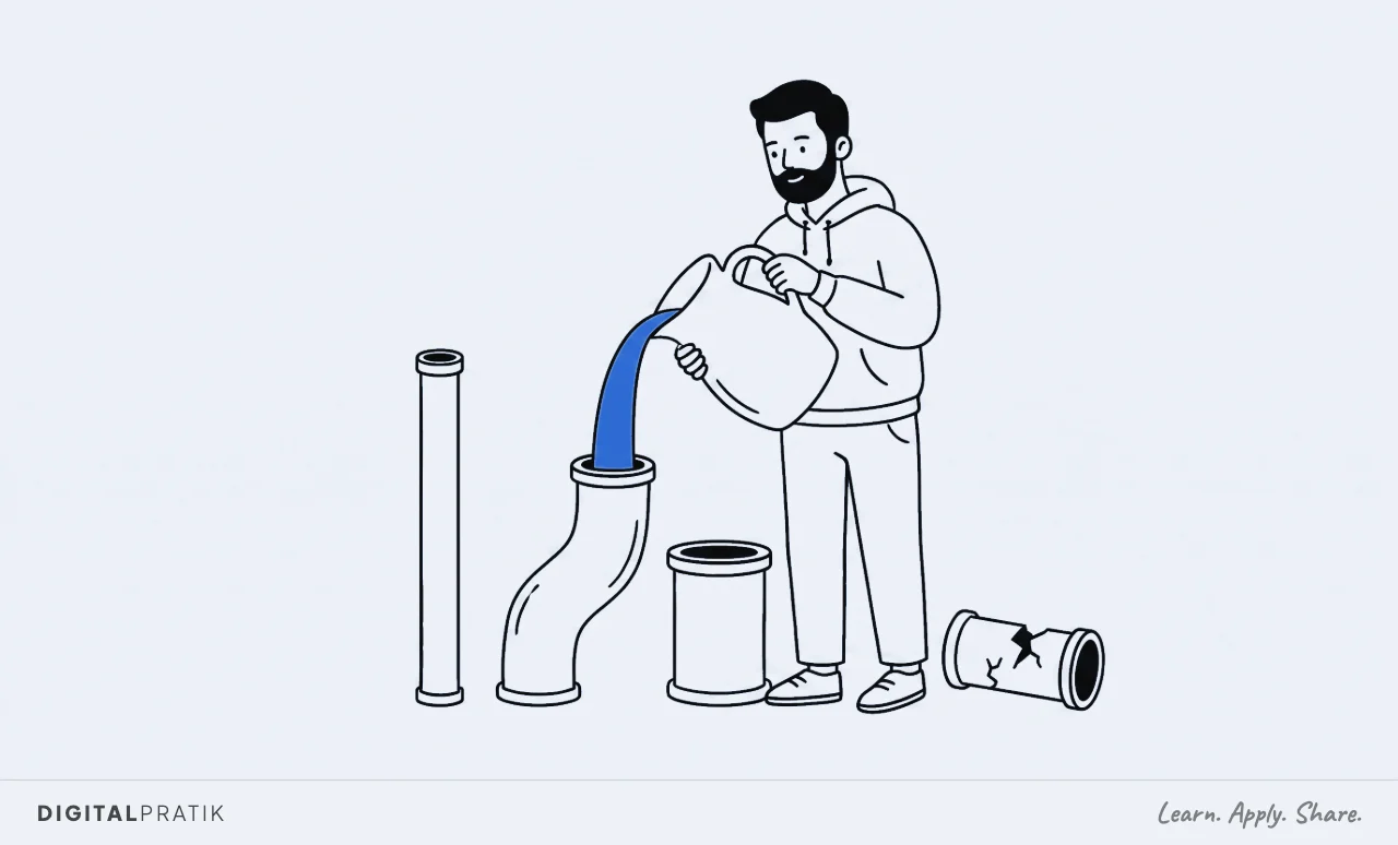 A line drawing of a man in a hoodie pouring a stream of yellow liquid from a jug into one of four different pipes standing side by side. A fifth pipe lies cracked and broken on the ground, ignored.