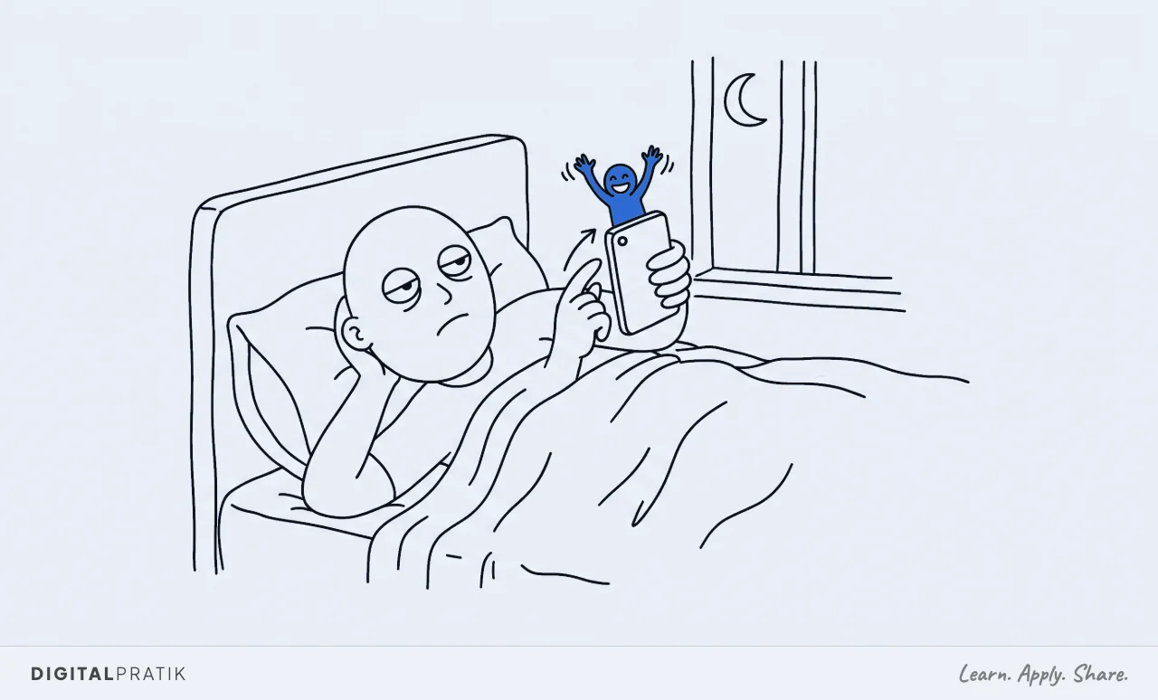A line drawing of a person lying in bed at night holding a phone, face completely blank and thumb already mid swipe, while on the screen a tiny yellow figure waves both arms enthusiastically.