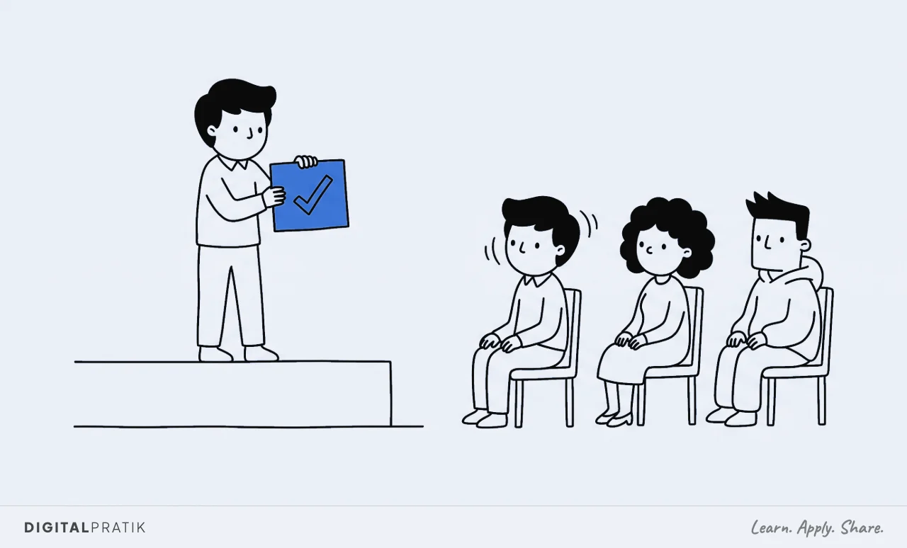 A line drawing of a speaker on a small stage holding up a yellow card with a single tick on it. In the front row sits an exact mirror image of that speaker, nodding hard, flanked by two people who look nothing like them and are merely watching politely.