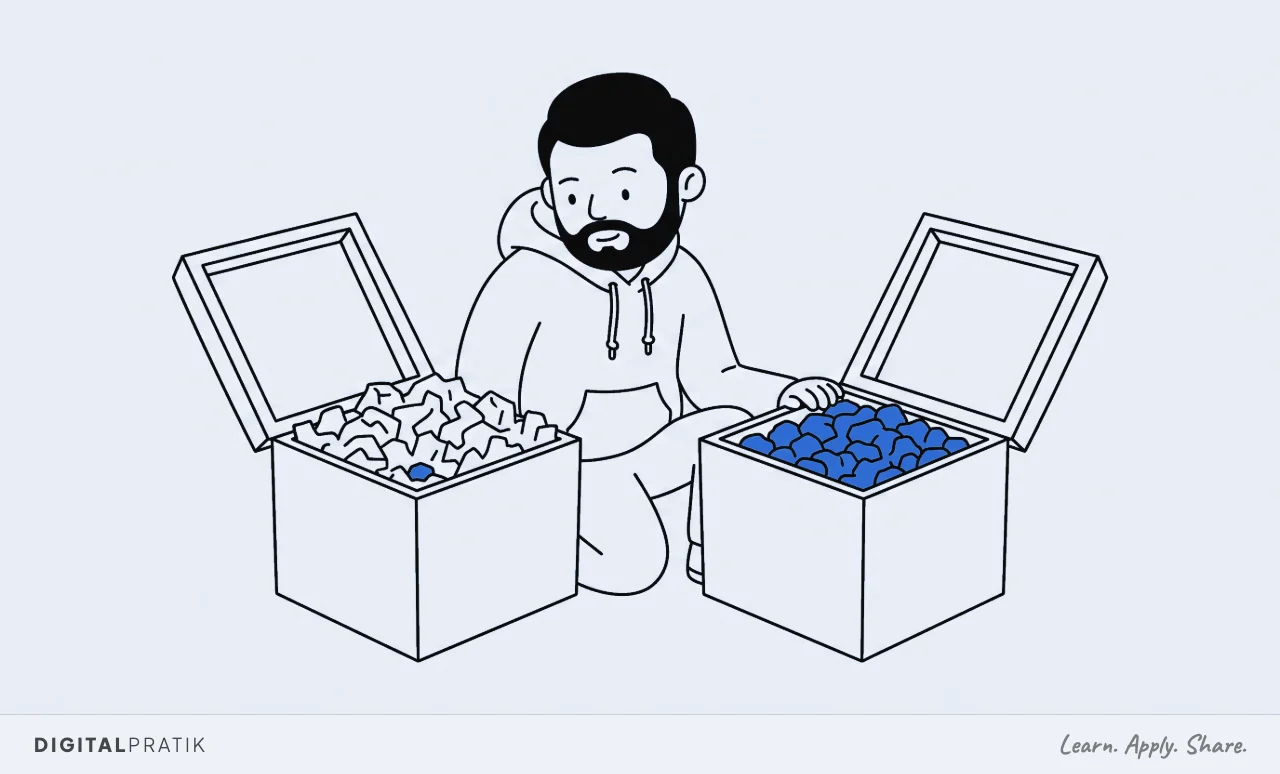 A line drawing of two boxes of identical size side by side with their lids open. The near one is crammed with plain packing material around a single yellow nugget. The far one has almost no packing and is full of yellow nuggets. A man in a hoodie kneels between them looking inside both.