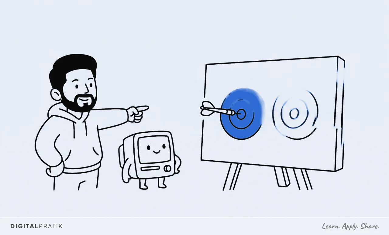 A line drawing of a target board with two separate rings. A man in a hoodie points firmly at the left ring, and a small boxy machine has thrown a dart into the dead centre of exactly that ring, looking proud. The other ring is untouched.