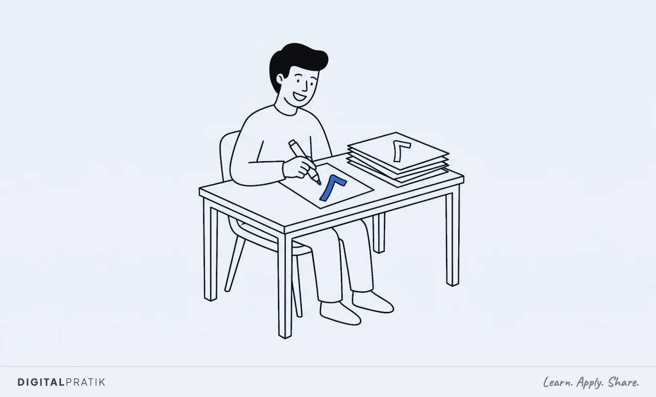 A line drawing of one person sitting alone at a desk marking their own exam paper, drawing a large yellow tick on it and looking very pleased. There is no examiner in the picture, and a stack of their other papers sits beside them, all already ticked.