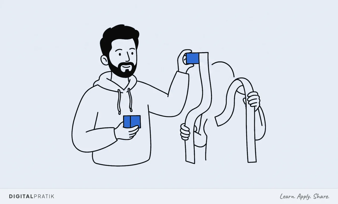 A line drawing of a man in a hoodie holding one small solid yellow measuring block, steady, checking it against a long floppy bendy ruler that another figure is holding up, sagging in the middle.
