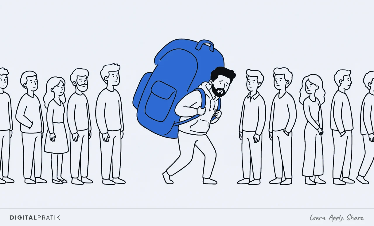 A line drawing of a man in a hoodie staggering under an enormous yellow backpack he has taken entirely off somebody else. Behind him a long queue of idle people with completely empty hands has formed, each waiting for him to carry theirs too.