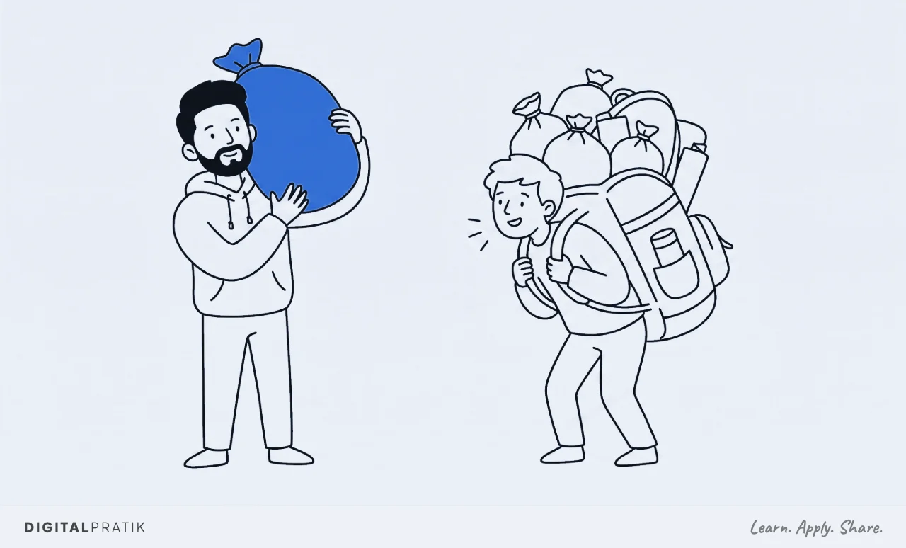 A line drawing of a person bent double under an enormous overloaded backpack. A man in a hoodie has lifted one large yellow sack off the top of that load onto his own shoulder, and the other person straightens up, lighter but still carrying the rest.