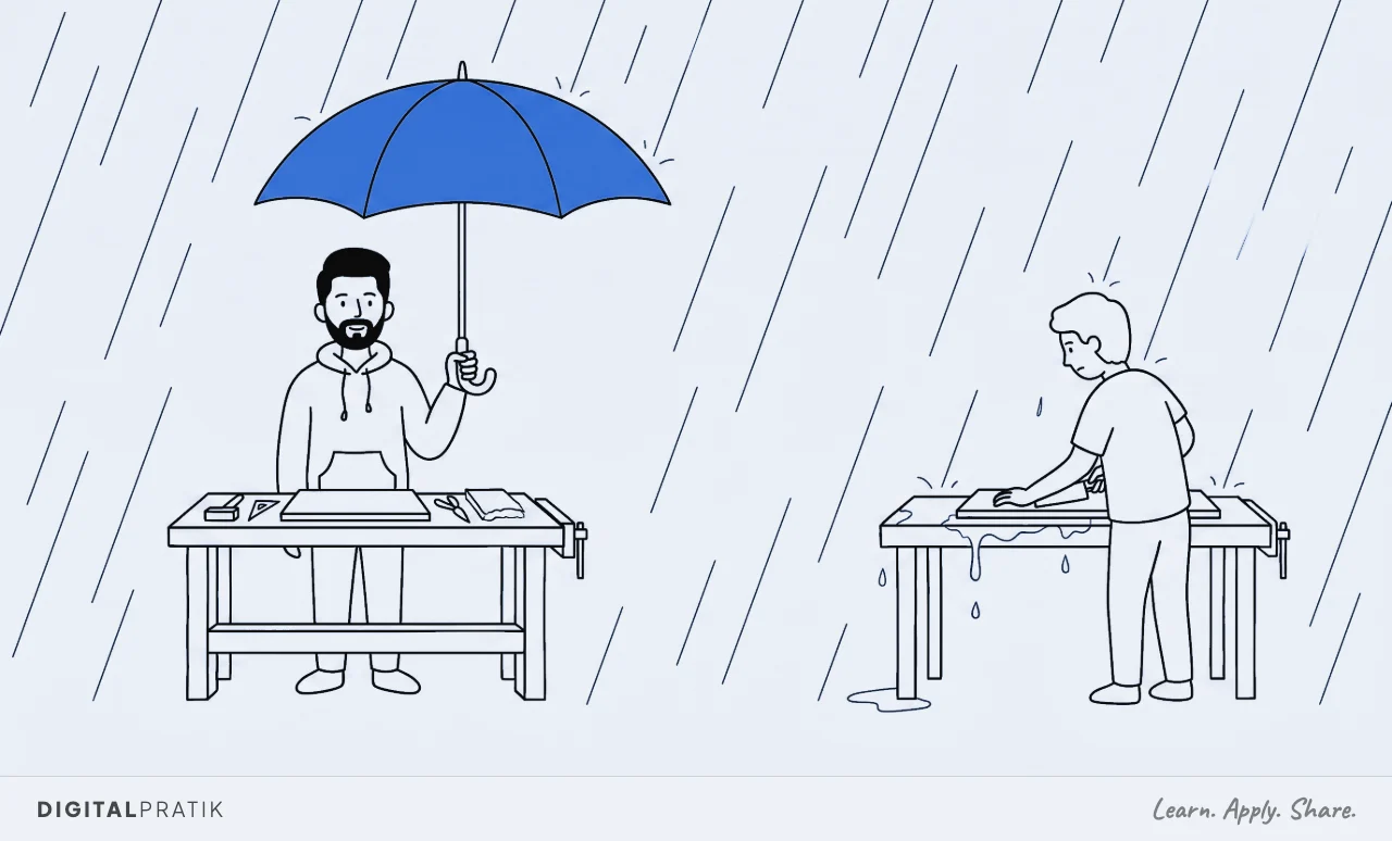 A line drawing of rain falling in thin diagonal lines. A man in a hoodie holds a large yellow umbrella steadily over his own workbench, keeping his own work dry, while another person stands out in the same rain at their own bench well beyond his reach.