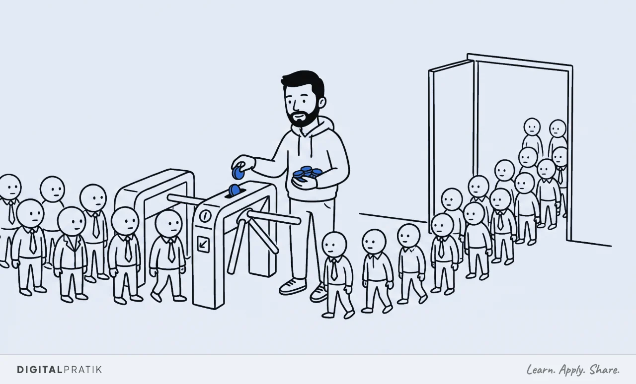 A line drawing of a man feeding a handful of yellow coins into the slot of an entry turnstile, while almost the whole crowd he paid to bring in streams straight back out through a wide open unbarriered exit on the other side, leaving two people behind.