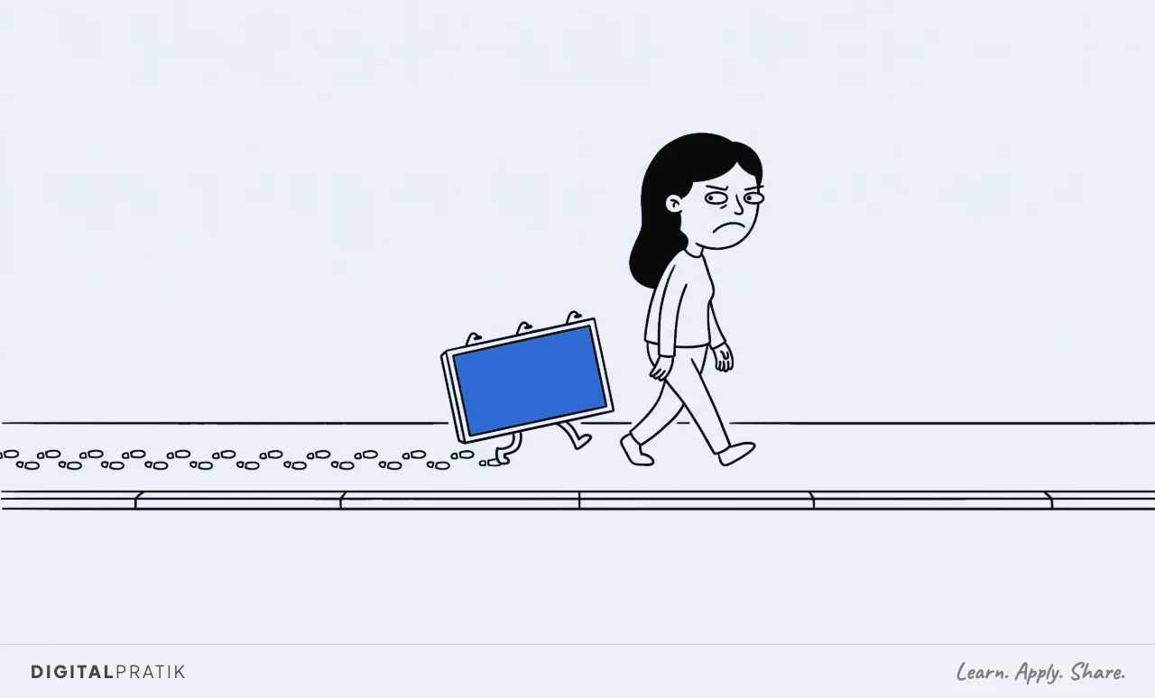 A line drawing of a person walking along a pavement glancing back with a thoroughly fed up expression, while a small yellow billboard on two little legs trots along at their heels, with a long trail of its own footprints stretching away behind it.