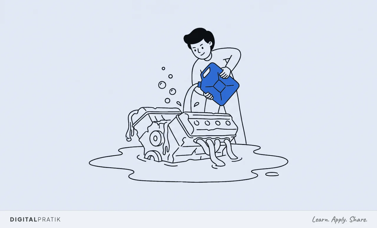 A line drawing of a person earnestly tipping a yellow fuel can into an engine block that is already half submerged in a spreading puddle, bubbles rising, obviously drowned and dead.