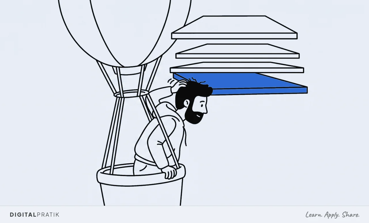 A line drawing of a man rising in a hot air balloon basket who has just bumped his head on the lowest of four flat ceilings stacked one above the other, with three more still ahead of him.