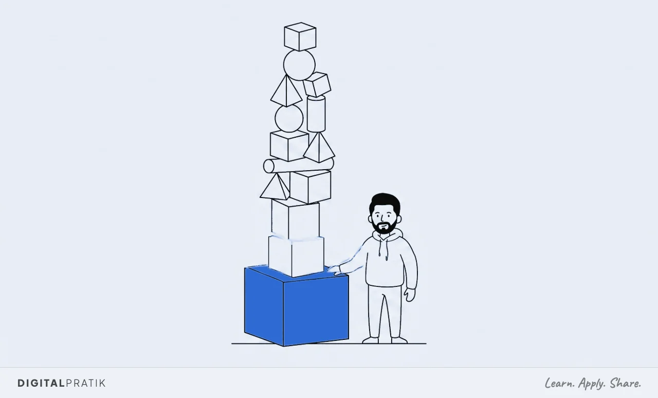 A line drawing of a surprisingly tall structure of stacked shapes balanced on one single solid yellow block. A man in a hoodie stands beside it with a hand resting on that one block at the bottom.