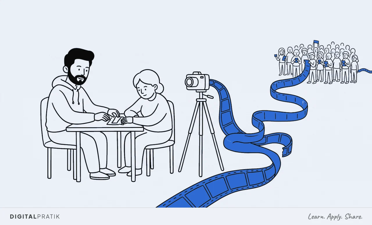 A line drawing of a man in a hoodie at a small table helping one person, with a camera on a tripod recording them. A long yellow ribbon of film unspools from the camera across the picture towards a distant crowd who are watching pieces of it.