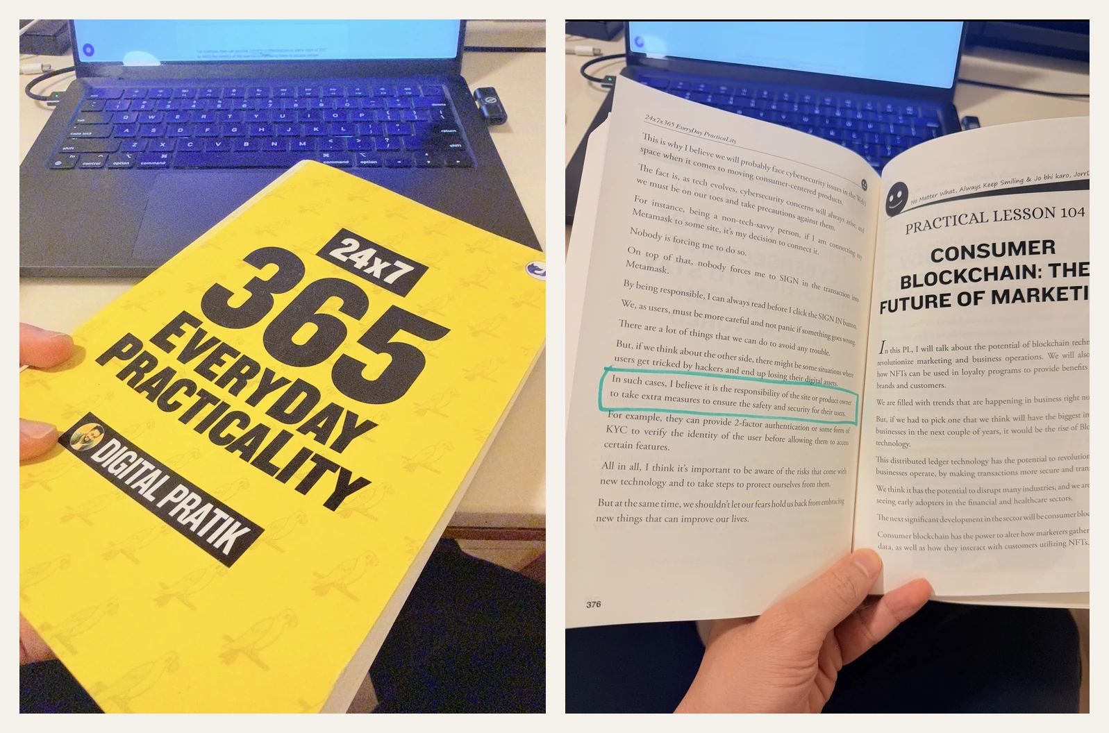 Two photos side by side. On the left, the yellow cover of the book "24x7 365 EveryDay Practicality" by Digital Pratik. On the right, the open page with the line highlighted: it is the responsibility of the site or product owner to take extra measures to ensure the safety and security for their users.