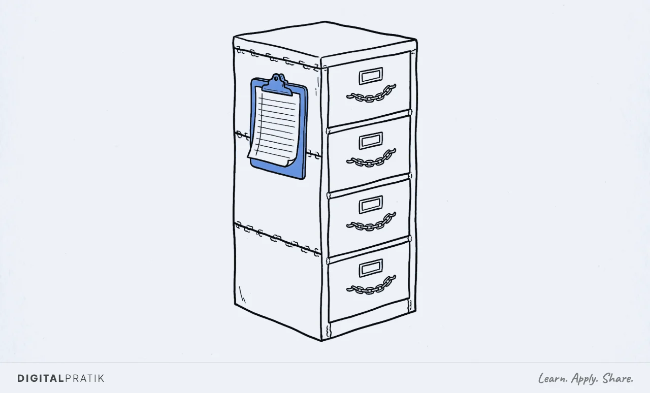 A line drawing of a filing cabinet whose drawers are all chained shut, with a clipboard holding a completely blank list pinned to the front, the clipboard in the accent colour.