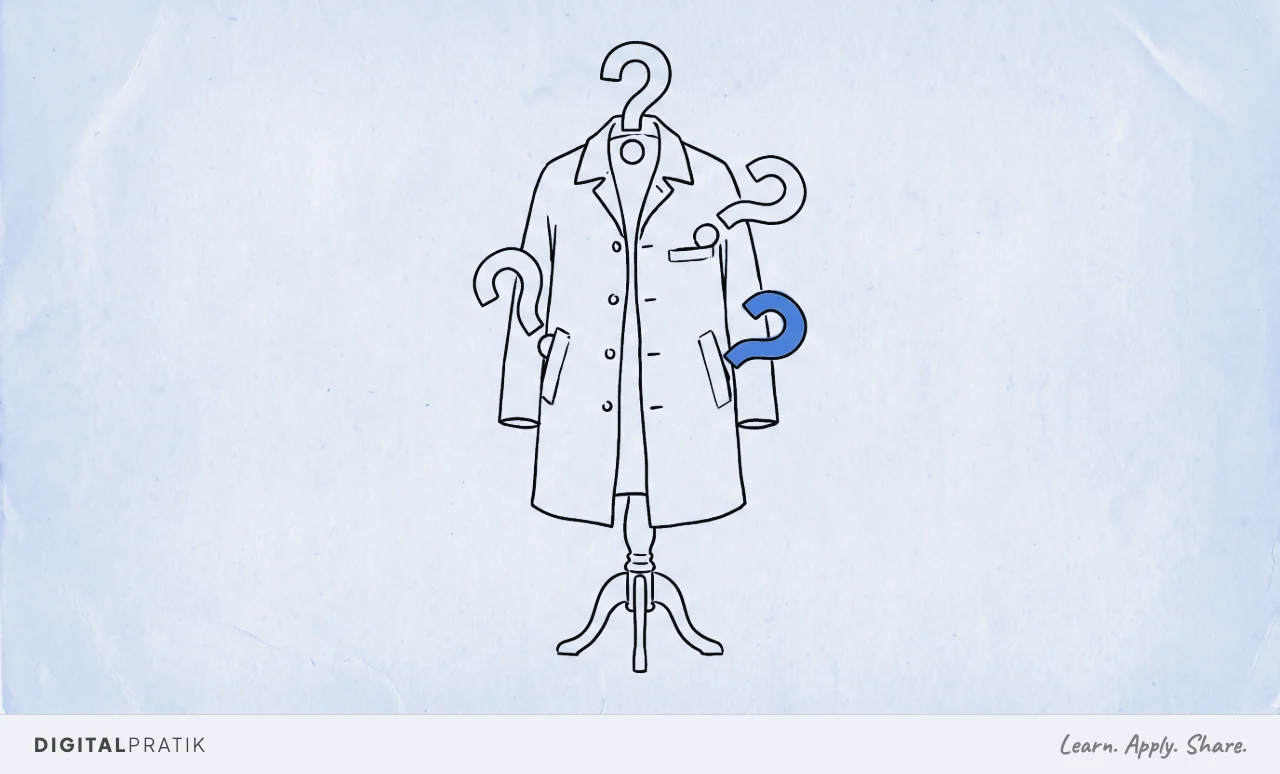 A line drawing of a single overcoat on a stand with four separate question-mark shapes emerging from its collar and pockets, one of them in the accent colour.