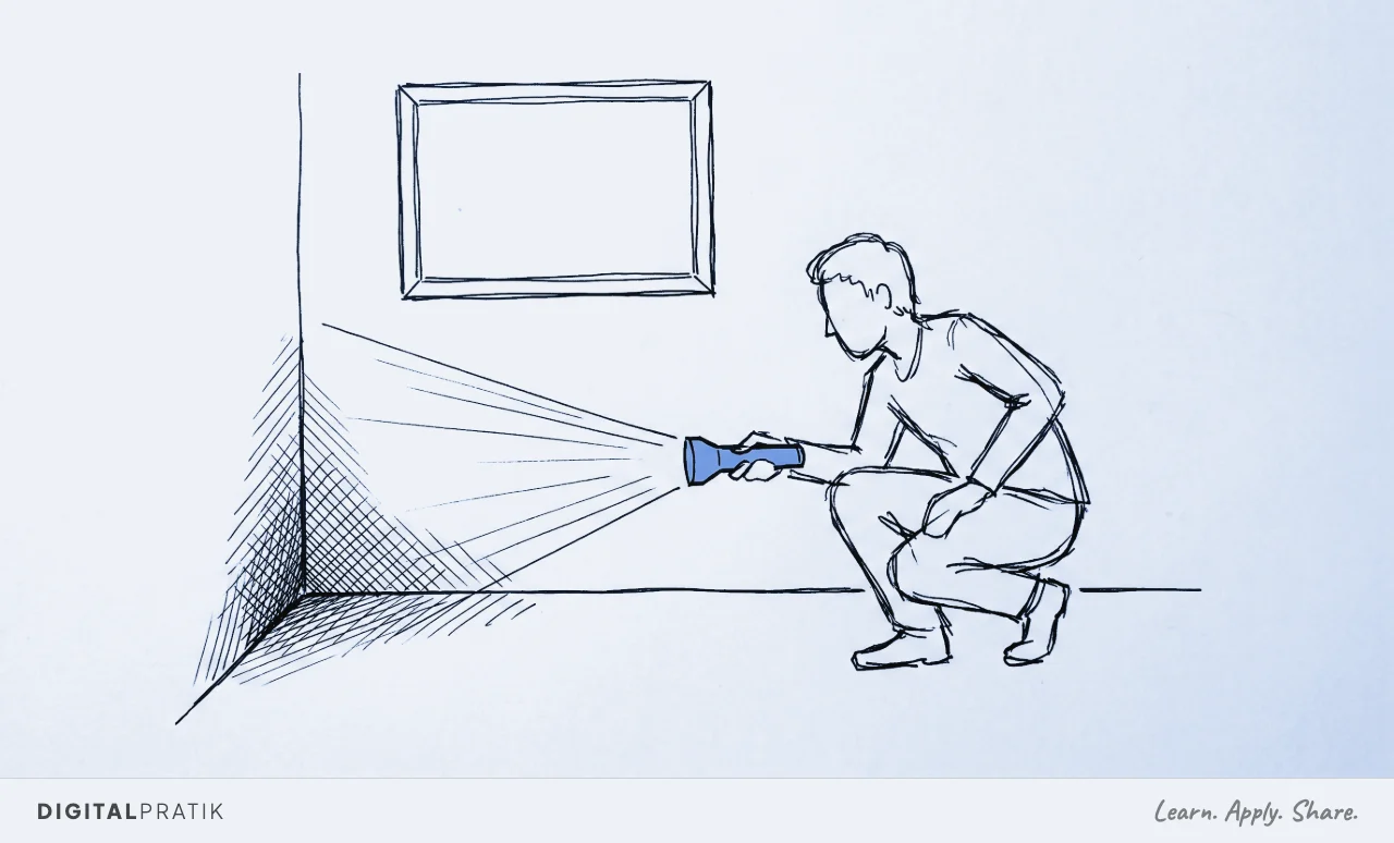 A line drawing of a person crouching to shine a hand torch, in the accent colour, into a dark corner of a room, ignoring a blank framed certificate on the wall behind them.