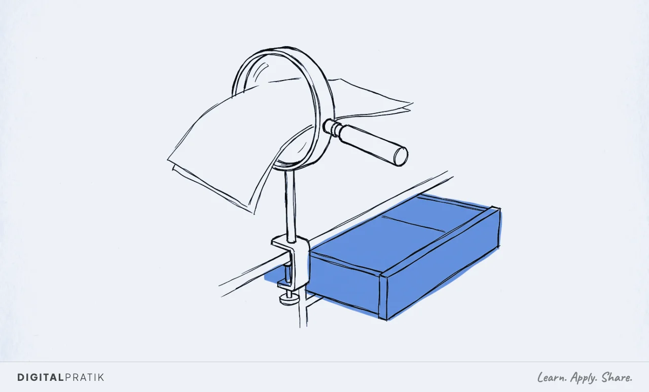 A line drawing of a sheet of paper passing through a magnifying-lens reader on a stand, with an open, completely empty drawer below it drawn in the accent colour.