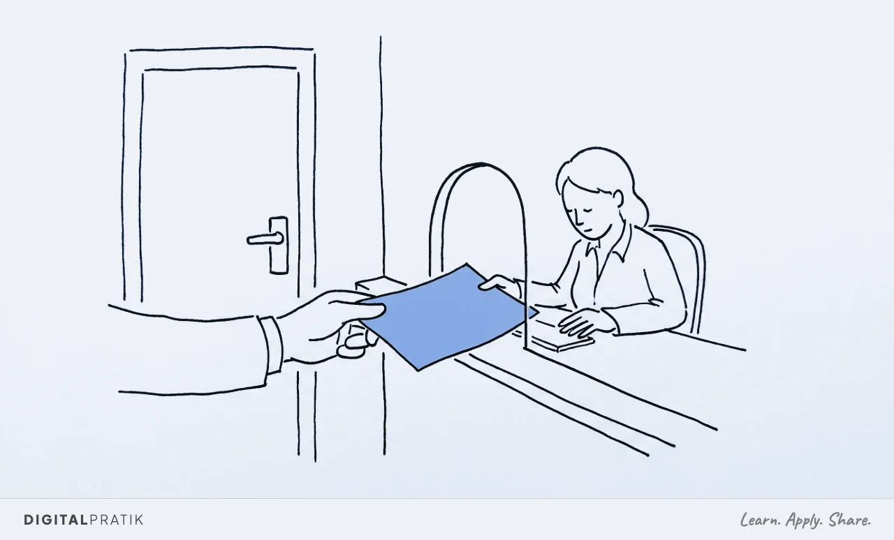 A line drawing of a hand passing a single sheet of paper through a service window to a seated reader, with the back-room door firmly shut, the single page in the accent colour.