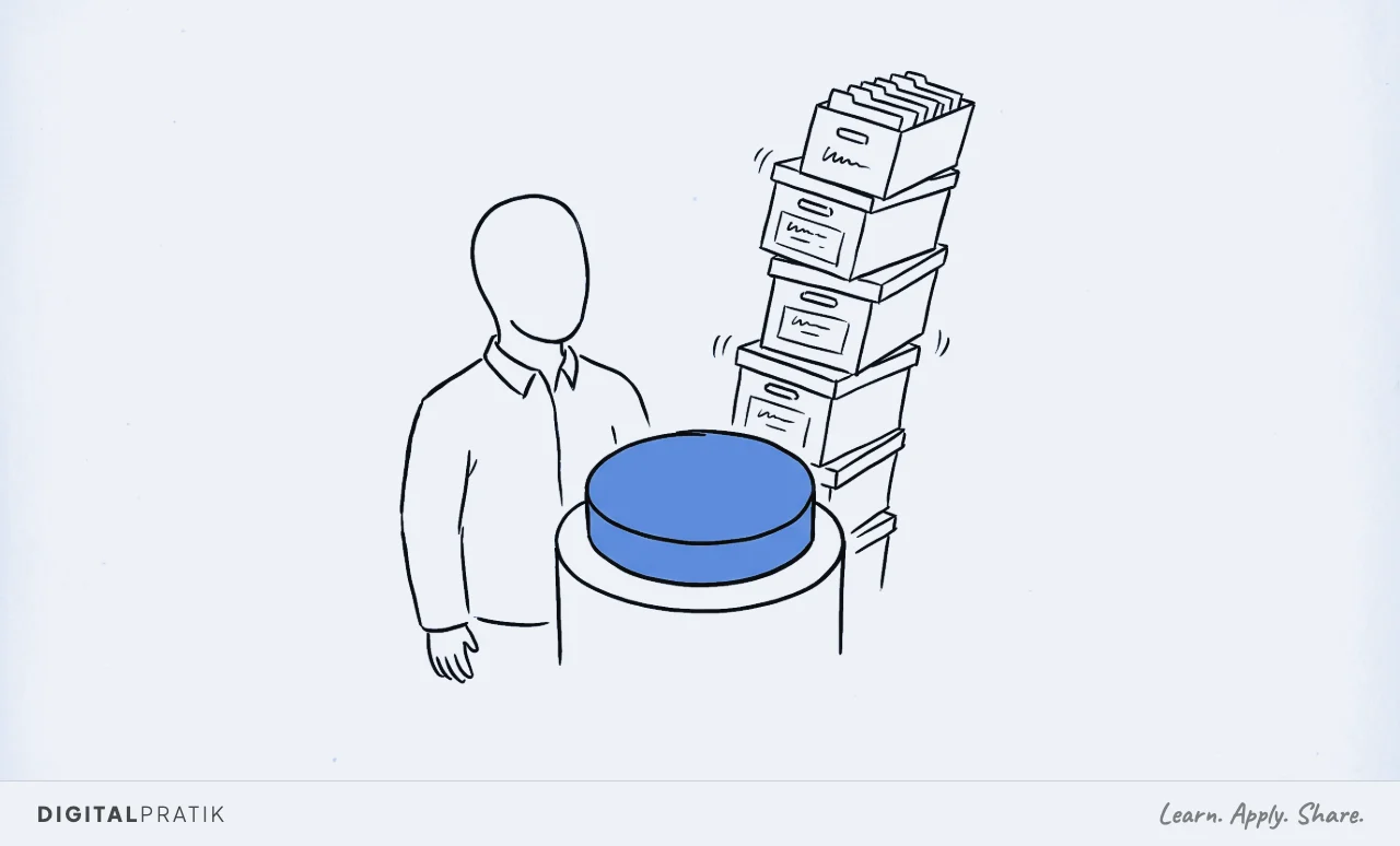 A line drawing of a junior clerk standing beside one oversized push button on a stand, in the accent colour, with a tall stack of file boxes representing a whole company teetering behind it.