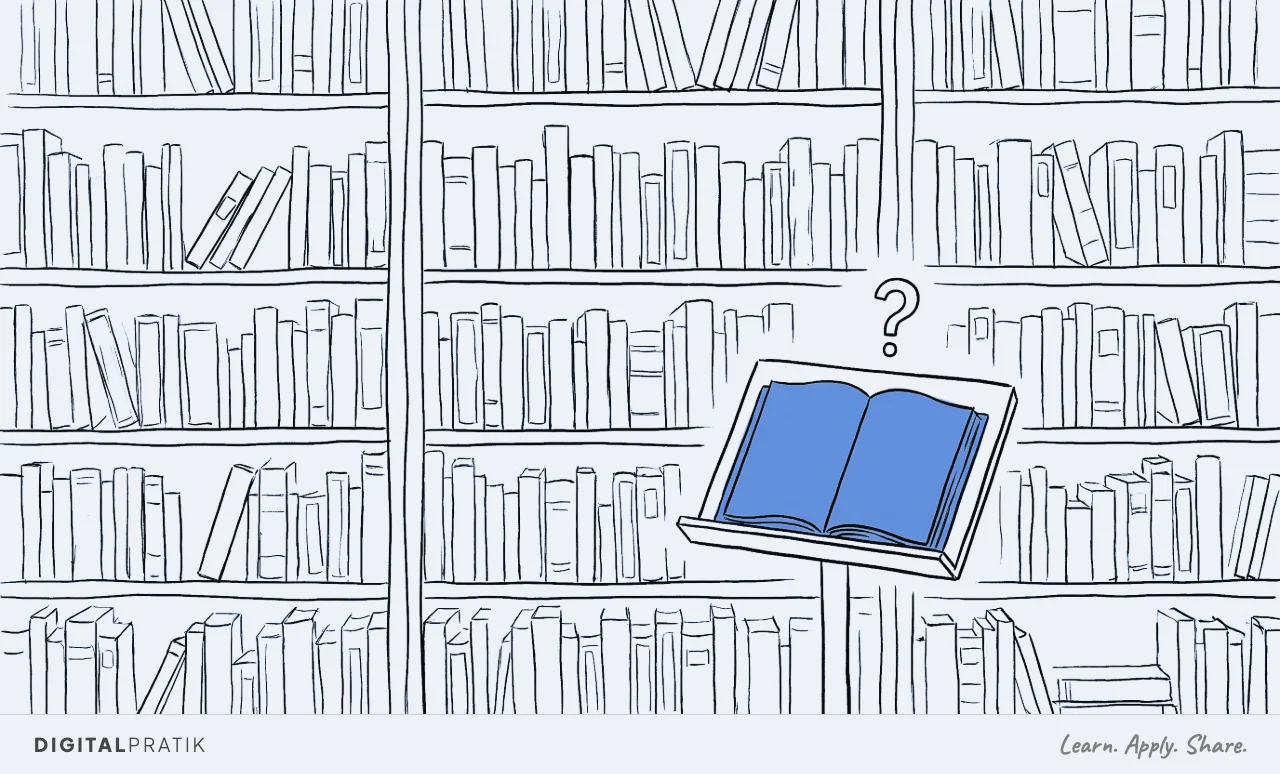 A line drawing of a tall wall of bookshelves with one open book on a stand in front, drawn in the accent colour, a question mark floating above it.